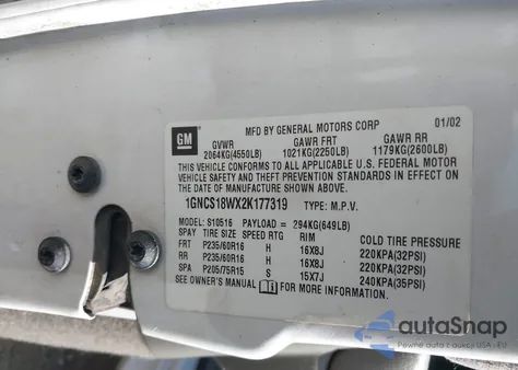 2002 Chevrolet Blazer Xtreme z USA, uszkodzony, nr VIN 1GNCS18WX2K177319